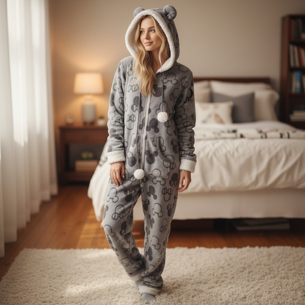 Disney Mickey &  Minnie Mouse Grey Fleece Hooded One Piece Pajamas M